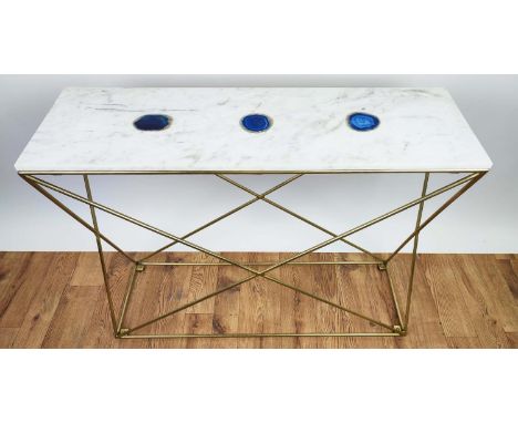 CONSOLE TABLE, 97cm x 30cm x 76cm, marble top with inlaid agate detail, gilt metal base. 