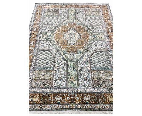 FINE PURE SILK GARDEN DESIGN CARPET, 283cm x 220cm. 