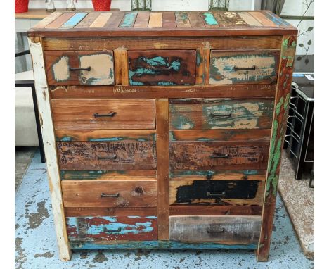 CHEST OF DRAWERS, two differing, each with an aged finish, one with vintage style lettering, 100cm x 45.5cm x 110.5cm at larg