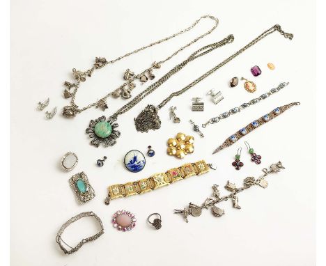 A COLLECTION OF JEWELLERY, comprising a pair of jade and aquamarine earrings, probably attributable to Sibyl Dunlop, silver c