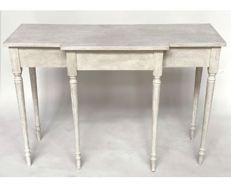 CONSOLE TABLE, Regency style grey painted rectangular of breakfront form with turned reeded supports, 108cm x 41cm x 75cm H. 