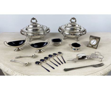 QUANTITY OF SILVER AND PLATE, comprising a pair of Georgian plated tureens with chrest and inscription 'Tria Juncta In Uno', 