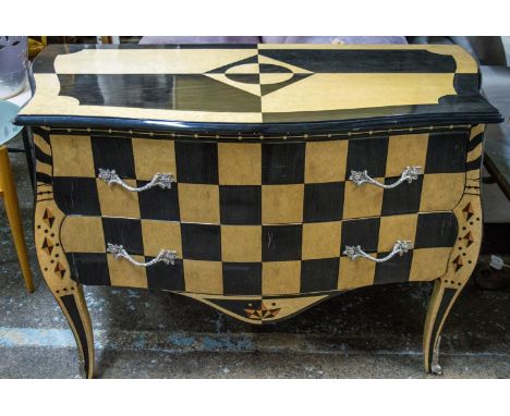 BOMBE COMMODE, 83cm H x 129cm W x 65cm D, Louis XV style birds eye maple and ebonised chequer parquetry of two drawers. 