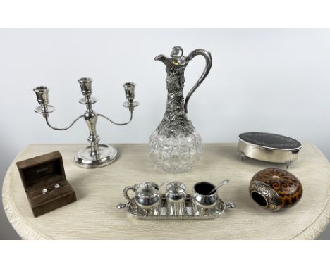 QUANTITY OF SILVER AND PLATE, comprising a silver cruet set makers mark Lwb, London 1957 approx 15oz along with a tortoiseshe