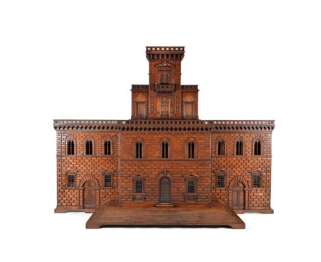 A large Italian breakfront architectural cabinet, in the form of a Tuscan Renaissance Palazzo, late 19th century, walnut and 