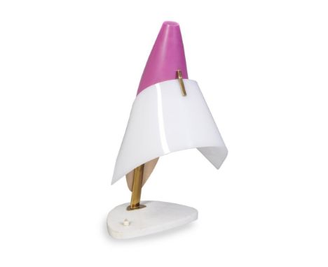 Angelo Lelli for Arredoluce (style of), a lacquered metal table lamp, Italian, 1950s, white opaline perspex, white marble bas