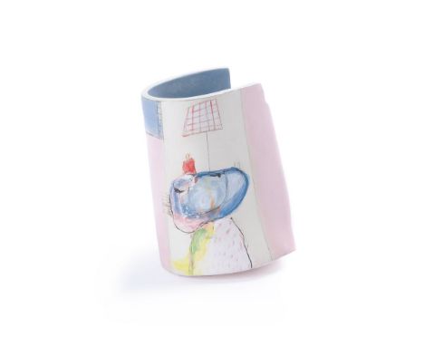 Kate Wickham (b. 1953), a stoneware vessel, painted with abstract designs on a pink ground, inscribed on base 'K. Wickham 07'