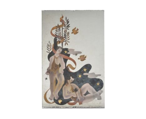 Jean Dupas (manner of), a French Art Deco painted wall mirror plate, 81.5cm x 51.5cm, unframed      Provenance: Lamberty Art 