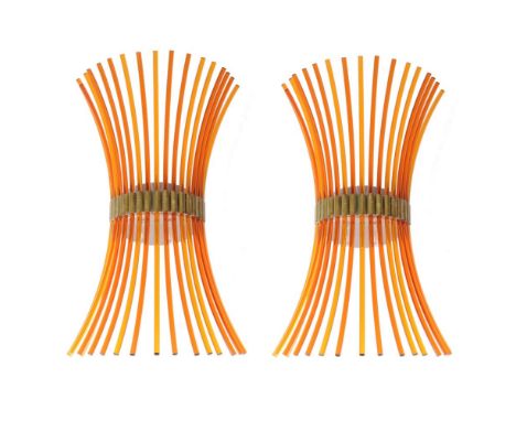A pair of five light wall lights, probably Italian, of recent manufacture, in mid century style, orange glass curved rods, co