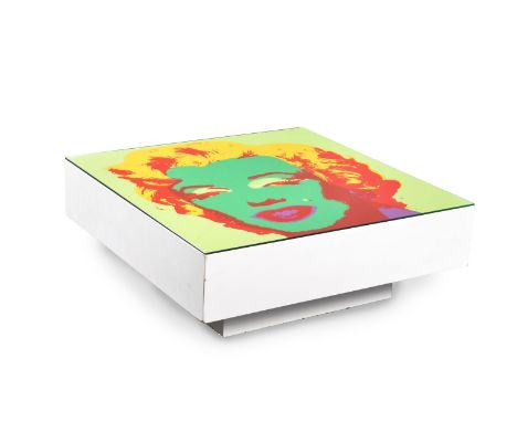 Andy Warhol (after), a square coffee table, painted wood, the top inset with a silkscreen of Marylin Monroe after Warhol, pub