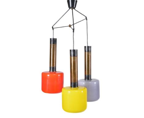 Stilnovo, a three light multicoloured blown glass pendant light fitting, circa 1960, approx. 88cm drop      Provenance: Della
