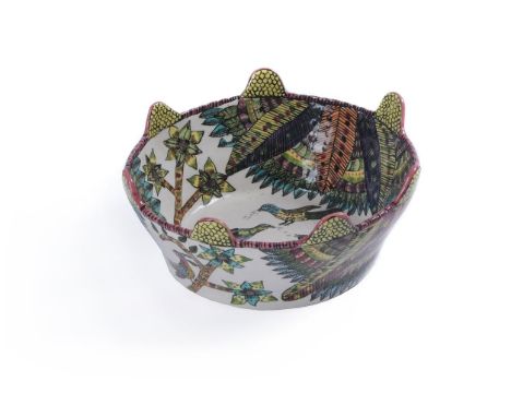 Ardmore Ceramic Art, a ceramic bowl painted by Zinhle Nene, decorated with birds and flowering branches on a white ground, si