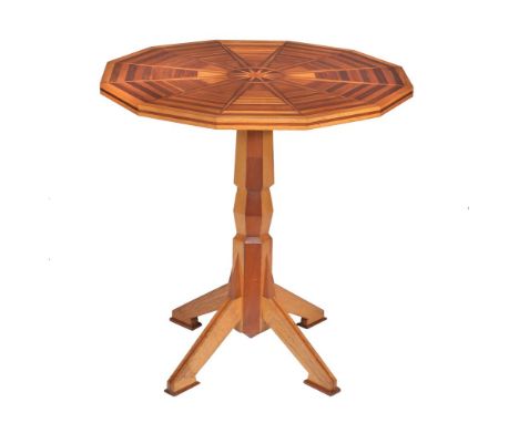 R. Vincent, a parquetry dodecagonal tripod table, late 20th century, the tipping top inlaid with a starburst, stamped mark, 7
