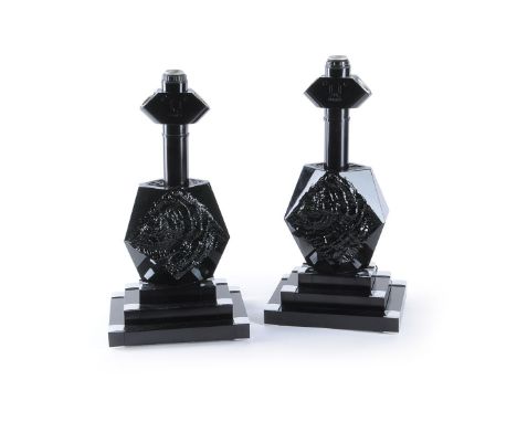 Willy Rizzo for B. D. Lumica, a pair of black glass table lamps, 1970s, rewired, on stepped metal bases with chrome detail, 5