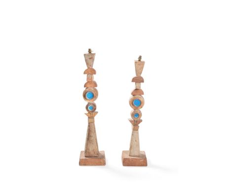 Bernard Rooke (b. 1938), a pair of ceramic Totem lamps, inset with blue enamel, 112cm and 105cm high    Provenance: Lamberty 