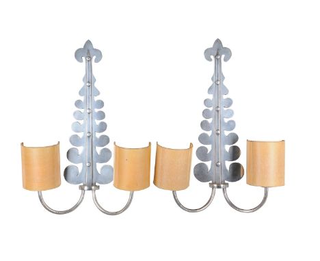 A pair of steel twin light wall appliqués, perhaps Austrian, with shades, 79cm high      Provenance: Lamberty Art &amp; Desig