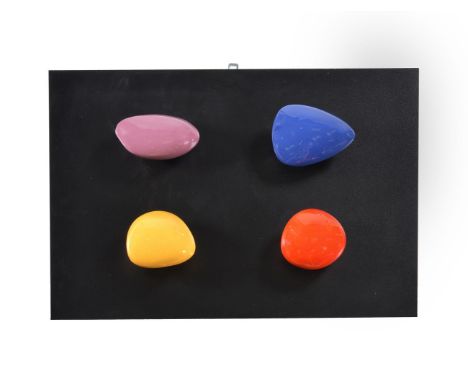 Italian School, circa 1960, a set of four multicoloured coat hooks, ceramic pebbles, brass, on a later board, 50cm high, 70cm