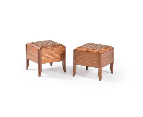 Liberty &amp; Co. (attributed to), a pair of box stools, oak, basket weave leather, 35cm high, 38cm x 38cm      Provenance: L