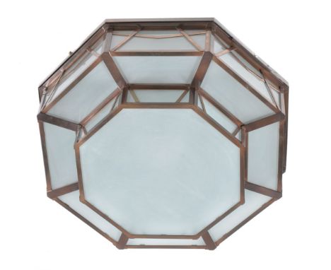 An octagonal ceiling light, of recent manufacture, in Art Deco style, opaque glass, bronzed metal, 22cm high, 75cm diameter
