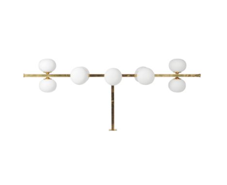 A ten light pendant light fitting, of recent manufacture, square section lacquered brass rods, milk glass shades, each 19cm d