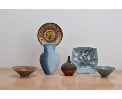 A collection of 20th century studio pottery, comprising two small shaped porcelain bowls by Phyllis Dupuy with lustre decorat