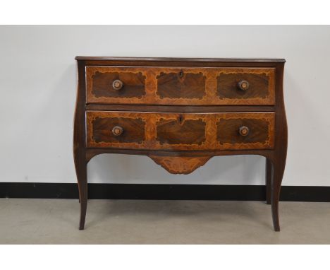 A 19th century and later mix wood Italian marquetry bow fronted commode, two draws with later handles, decorative frieze rais