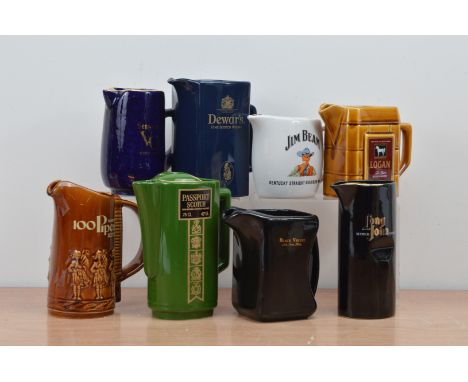 A collection of eight ceramic branded water jugs, comprising Seagram's 100 Pipers, Seagram's VO, Passport Scotch, Dewar's, Bl