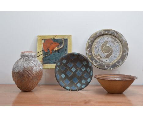 A collection of 20th century studio pottery, comprising a stoneware platter by Ann Wrighton, incised and painted blue fish on