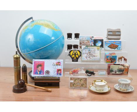 A large collection of collectables, including a modern globe,  a shell, coin covers, paragon and aynsley tea cups and saucers