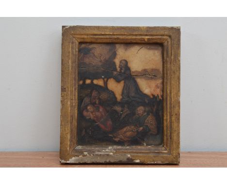 An 18th century hand painted hardstone panel, depicting a religious scene, cracked to four places AF, worn and in a gilt gess