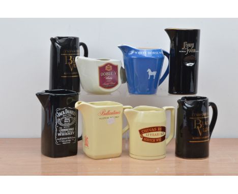 A collection of eight ceramic branded water jugs, comprising Two Black Velvet, Long John, Chivas Regal, Doble - V, White Hors