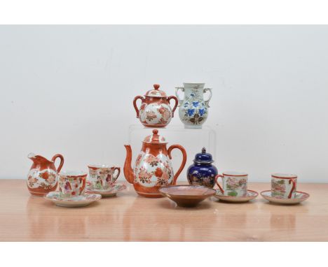 A collection of Japanese export porcelain items, comprising a tea set, vases and a small jar with cover and an enamel dish AF