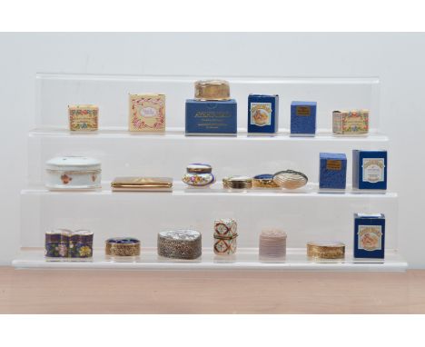 A collection of small boxes, including enamel examples, some in retail boxes, one cloisonne example with a butterfly on the l