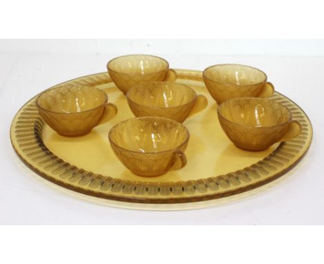 René Lalique-  A set of 6 amber "Jaffa" sorbet cups and tray. circa 1930's. Stamped R Lalique .