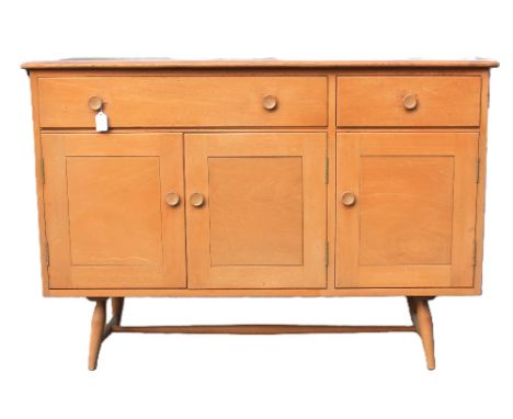 Ercol - a mid-century light elm sideboard, with single long drawer above two door cupboard and another smaller drawer above e