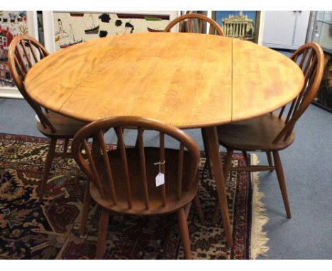 Ercol - a Windsor elm and beech drop leaf table, on four splayed tapered square legs, together with four matching dining chai