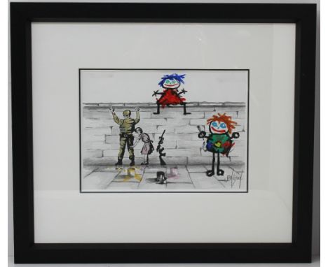 John D Wilson (b.1942, British); Just A Routine Search; coloured mixed media on paper; pencil signed; framed; 44cm x 50.5cm A