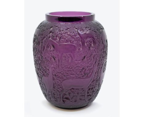 Lalique - a later 20th century Lalique 'Biches' pattern vase in amethyst glass decorated with a relief design of grazing deer