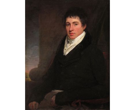 Circle of Sir Thomas Lawrence P.R.A. Portrait of a Gentleman wearing a white stock and black coat seated before a column with