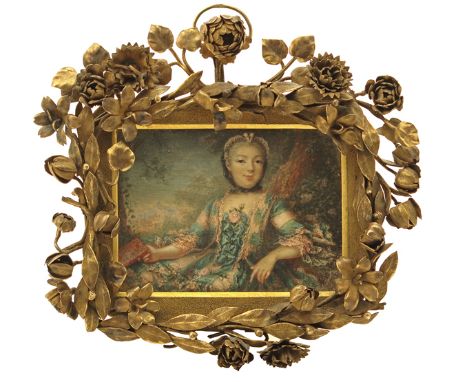 λ French School 18th Century Portrait miniature of a lady seated by a tree in a landscape holding a book Rectangular, in a gi