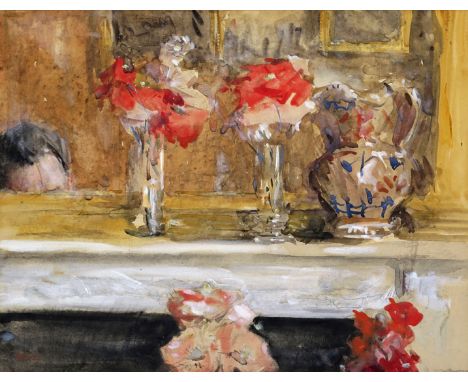 English School 20th Century Still life of flowers and a jug on a mantelpiece Signed indistinctly Dsinc? Watercolour with body