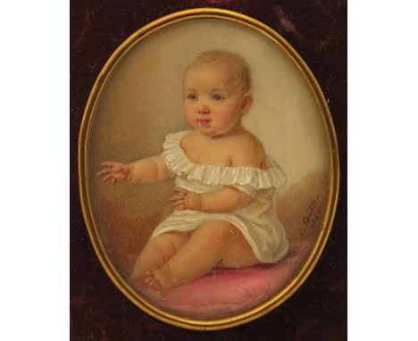λ Karl Teibler (Austrian 1821-1895) Portrait miniature of a child, full length seated Signed and dated 1860 Oval, in a gilt s