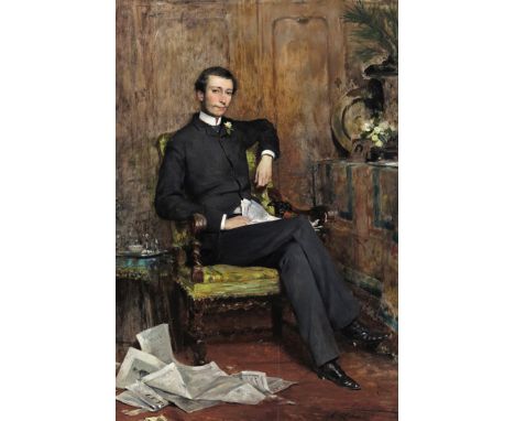 Theobald Chartran (French 1849-1907) Portrait of a gentleman, full length, seated with his dog and holding a newspaper Signed