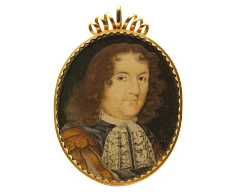 λ D.M (British c.1664) Portrait miniature of a gentleman, head and shoulders, with long hair, grey jacket and lace collar Sig