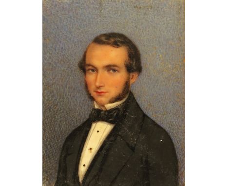 λ English School 19th Century Portrait miniature of a gentleman, head and shoulders, in a black jacket and bow tie Rectangula