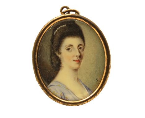 λ English School late 18th Century Portrait miniature of a lady, bust length wearing a purple dress Signed S Oval, in a gilt 