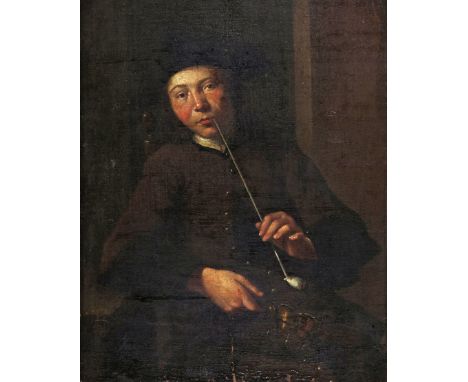 Follower of Jacob Duck Portrait of a gentleman seated smoking a long stemmed clay pipe Oil on canvas laid on board, unframed 