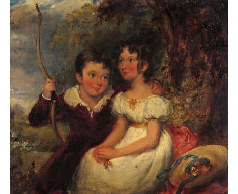 John Hayter (c.1800-1891) Portrait of the children of John Henry Vivian Esq. seated in a landscape, the boy holding an archer