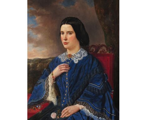 English School c.1860 Portrait of a young lady, seated, wearing a blue jacket with lace collars and cuffs Oil on canvas 92 x 