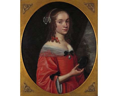 Follower of Gerrit van Honthorst, c.1670/80 Portrait of a lady, half length, wearing red and holding a portrait miniature Oil